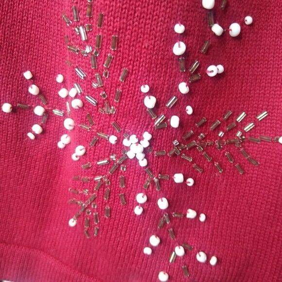 Norm Thompson Red Zip Up Cotton With Embroidered & Beaded Snowflakes SZ Small - Picture 5 of 7